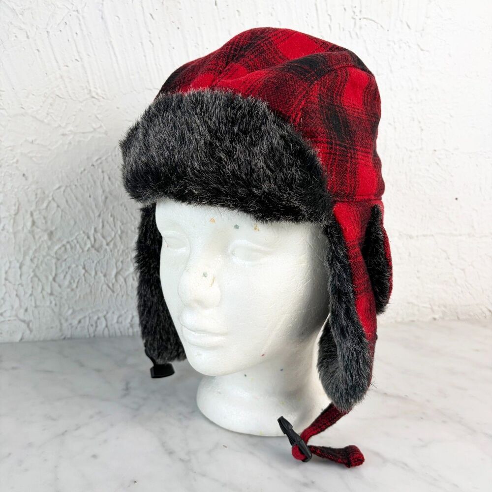 Route 66 Trapper Hat M/L Red Black Buffalo Plaid Faux Fur Wool Blend Winter